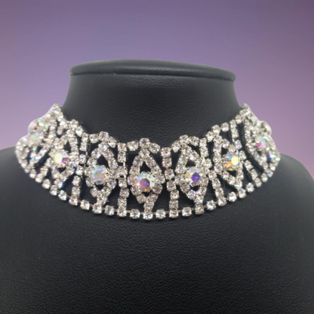 Vintage Iridescent Silver Cubic Zirconia Choker